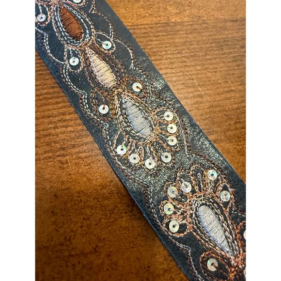 Genuine Leather Black Embroidered Western Belt Small Boho Cowgirl Sequins - Picture 4 of 8